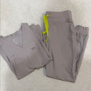 Figs Taupe Scrub Set with Neon Yellow Accent